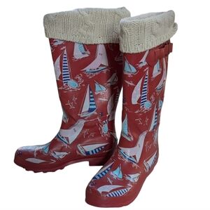 L. L. Bean Wellie, Red sailboat pattern rain boots. Boot sock included. Size 7